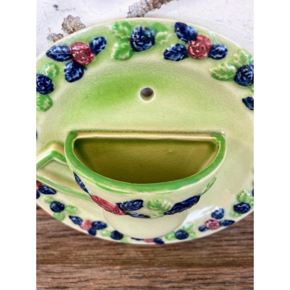 Vintage 1940s Pair Green Teacup Wall Pocket Vases Floral - Picture 9 of 12